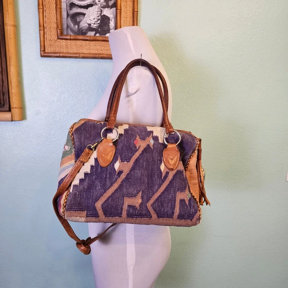 Southwestern Woven Tapestry Leather Crossbody Satchel Weekender Boho Aztec Bag
